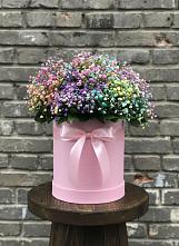 Цветочная композиция из Гипсофила и Розы в шляпной коробке в Семибратово