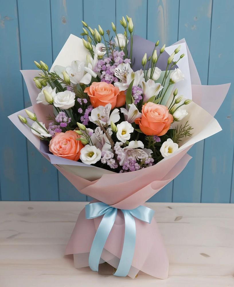 Букет цветов из: Лизиантусы, Розы, Альстромерии и Гипсофила в Семибратово