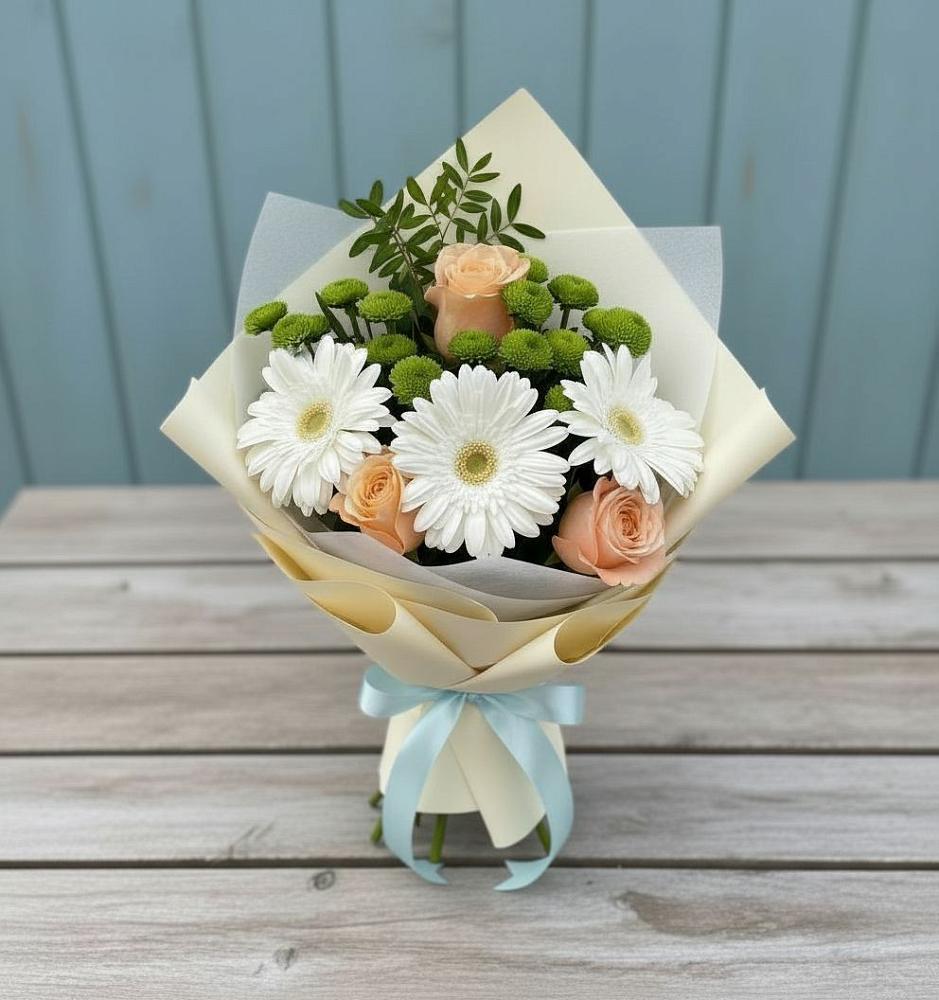 Букет цветов из: Герберы, Розы и Хризантемы в Семибратово
