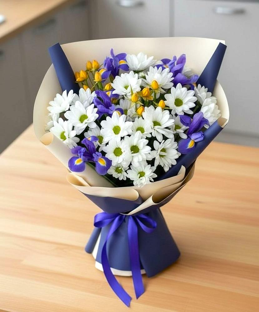 Букет цветов из: Розы, Ирисы и Хризантемы в Семибратово