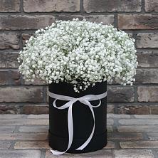 Цветочная композиция из Гипсофила в шляпной коробке в Семибратово
